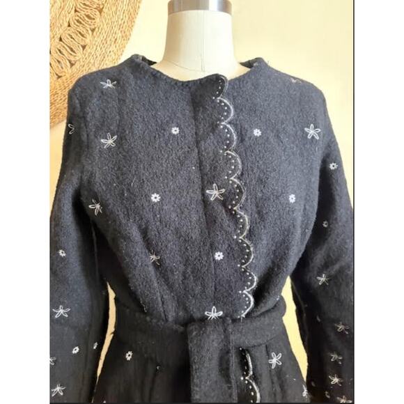 Sigrid Olsen Embroidered Wool Women's Coat Black Scalloped Trim Belted S/M - Picture 3 of 8